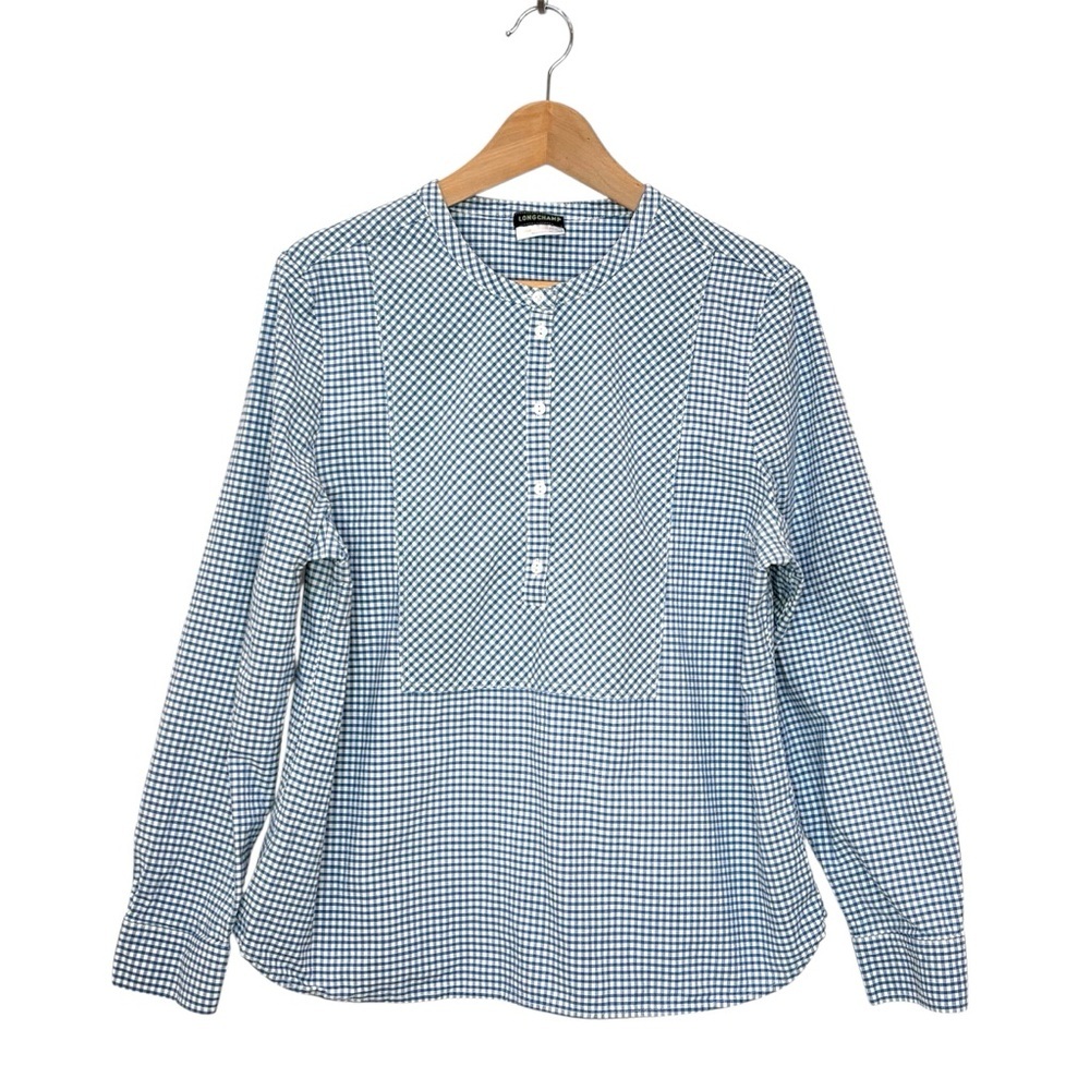 Longchamp Blue Gingham Cotton Popover Blouse Size EU 42 US 10 Old Money Preppy